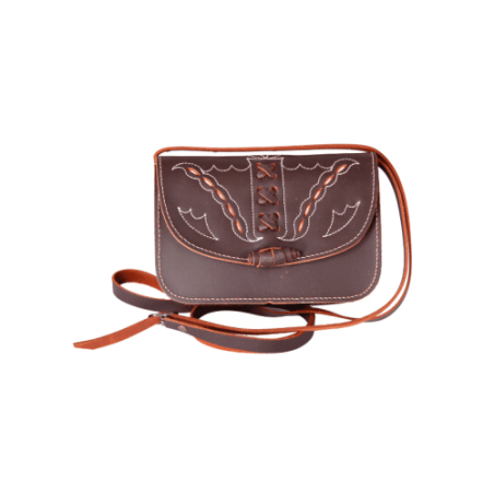 Bolso-bandolera de señora en piel marrón engrasado con fondo blanco