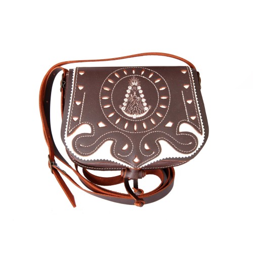Bolso-bandolera de señora en piel picado virgen del rocío marrón engrasado con fondo blanco