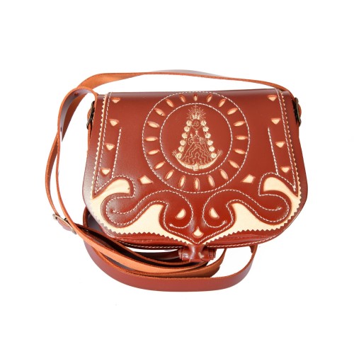 Bolso-bandolera de señora en piel picado virgen del rocío marrón con fondo beige