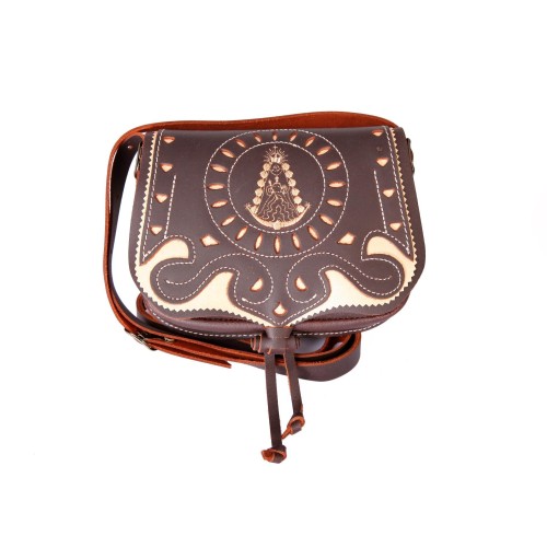 Bolso-bandolera de señora en piel picado virgen del rocío marrón engrasado con fondo beige