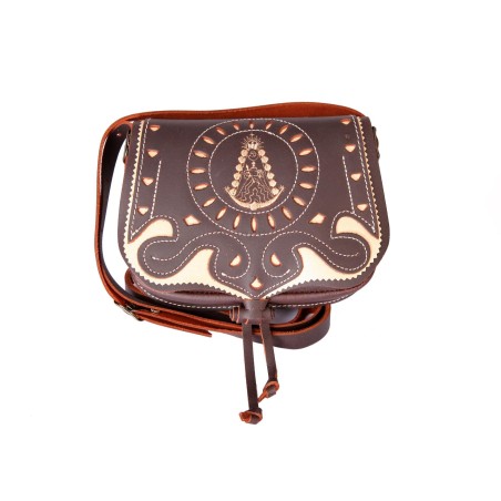 Bolso-bandolera de señora en piel picado virgen del rocío marrón engrasado con fondo beige